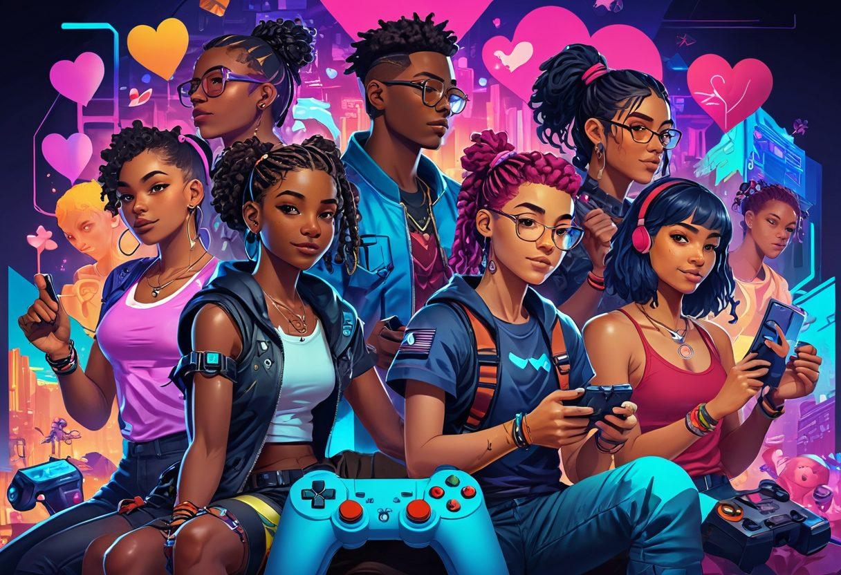 A vibrant illustration of diverse characters engaging in a multiplayer game, surrounded by colorful digital landscapes that symbolize various game genres. Include elements like game controllers, pixelated hearts, and a glowing chat interface to emphasize connection. Show characters from different backgrounds celebrating together, highlighting friendship and teamwork. Relevant symbols such as friendship bracelets can be subtly included. super-realistic. vibrant colors. cyberpunk.
