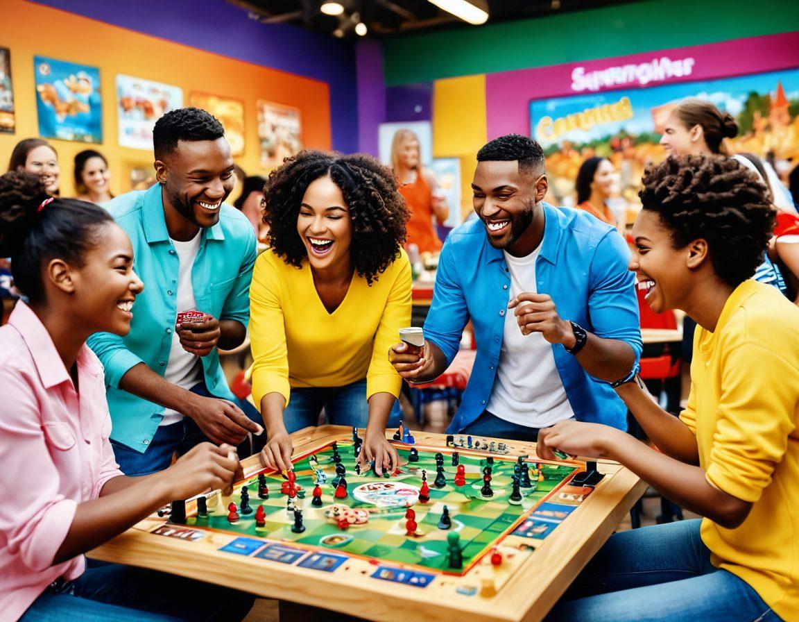 A vibrant scene of diverse groups of people joyfully engaging in various games and activities, showcasing laughter and affection. Incorporate a colorful backdrop with elements like board games, outdoor sports, and digital screens sharing moments of interaction. Capture the essence of connection and fun, with bright, inviting colors that evoke happiness. super-realistic. vibrant colors.