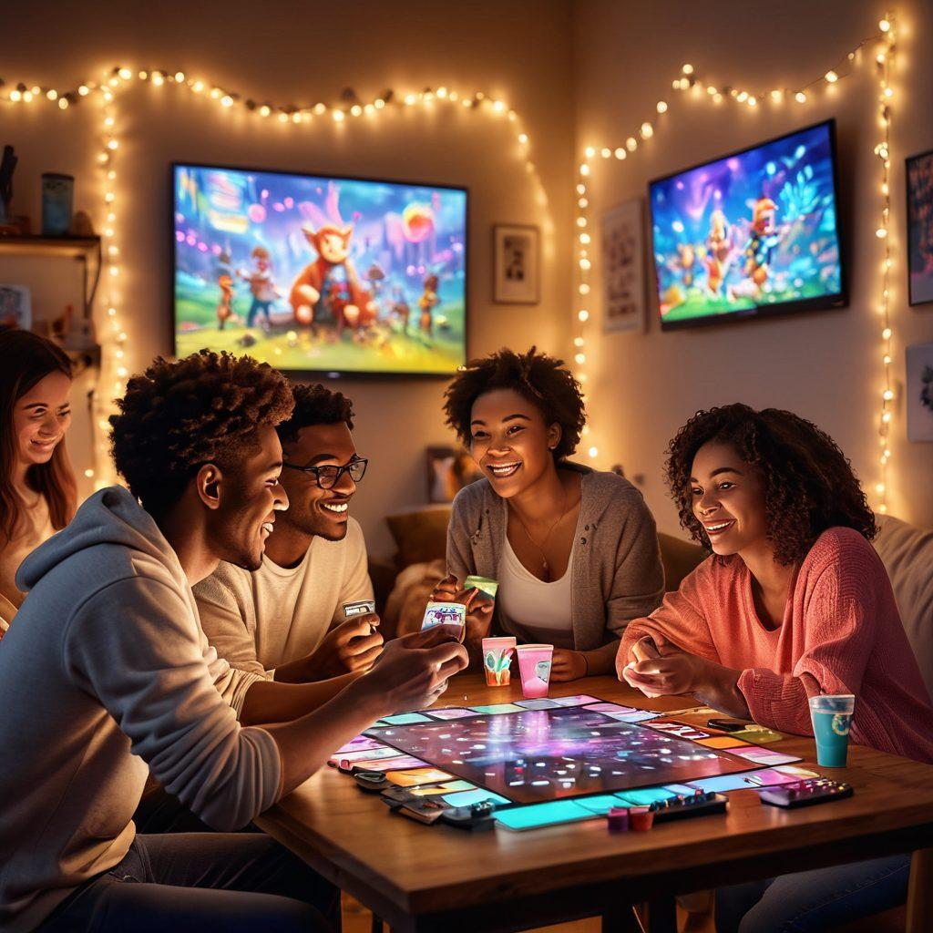 A vibrant scene of a diverse group of friends gathered around a gaming setup, joyfully interacting while playing multiplayer games. Include colorful game characters projected on screens, snacks, and drinks scattered around, capturing the fun atmosphere. Illustrate their expressions of excitement and camaraderie, with heart-shaped icons floating above them to symbolize love and relationships. The background should be a cozy gaming room filled with posters and fairy lights. super-realistic. vibrant colors. cozy ambiance.